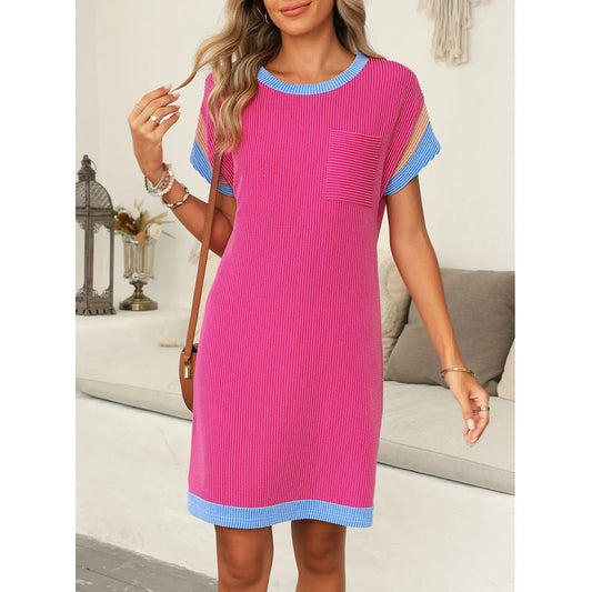 EVALESS Women's Casual Striped Basic Crewneck Short Sleeve Color Block Mini Dress - Ribbed Knit Slim Fit Rose Red Women's Clothes with Moderate Stretch Moves with Your Day, 2026 Trendy Outdoor Wear, Short Dress For Women