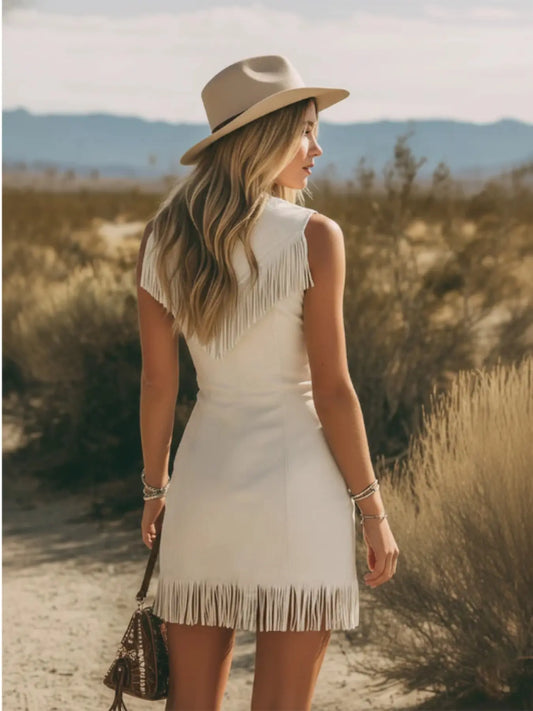 Boho Fringe Faux Suede Sleeveless Bodycon Summer Dress, Western Cowgirl Zip Front Dress, Vintage Rivet Design Casual Bohemian for Concerts and Dates, Boho Sundress
