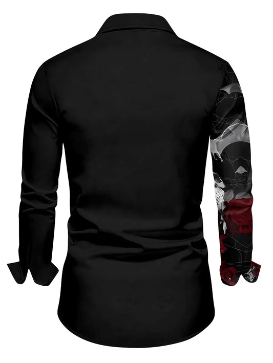 DRESSLILY 2026 Gothic Couple Outfit Women's Skull Rose Print Lace Up Off the Shoulder Asymmetrical Dress and Men's Long Sleeve Shirt Matching Set