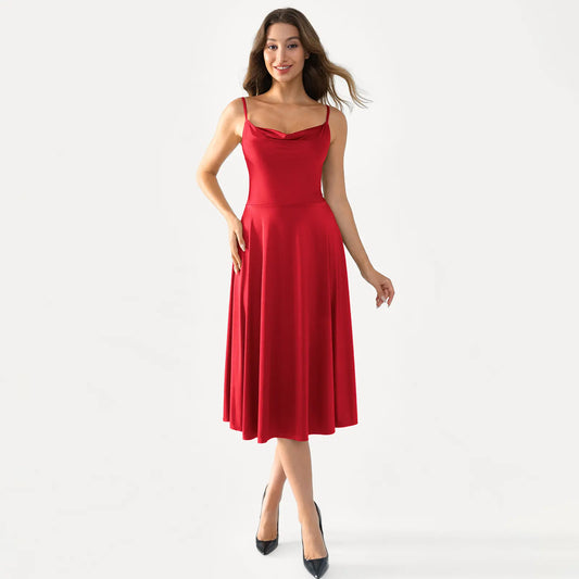 Popilush Spaghetti Strap Cowl Neck Midi Swing Dress Casual Breathable Elastic Fabric for Everyday Womenswear Feminine Adjustable Mesh SohoChic