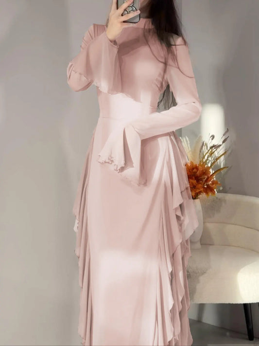 Pure Color Flared Sleeve Waist Cinching Long Dress, Slim-Fitting Holiday Style, Spring & Fall Fashion, Plain Pattern, Women's Clothing