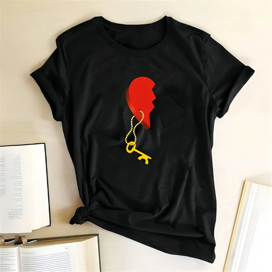 Him and Hers Lock & Key Graphic 2-Piece Casual Cotton Crew Neck T-Shirts Set - Soft Comfortable Tops Clothes for Couples, Anniversary Valentine's Day Gift