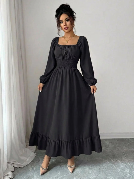 Spring & Fall Casual Lady Womenswear Square Neck Long Sleeve Ruched Waist Pleated Beach Vacation Mid-Length Solid Color Dress Casual Elegant Dresses Casual Boho Chic Boho Fashion Dress Style Elegant