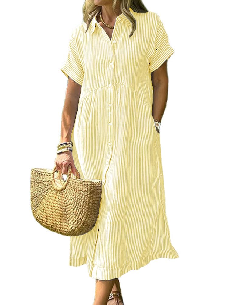 chouyatou Women's Summer Striped Midi Long Shirt Dress Casual Loose Short Sleeve Button Down Dress