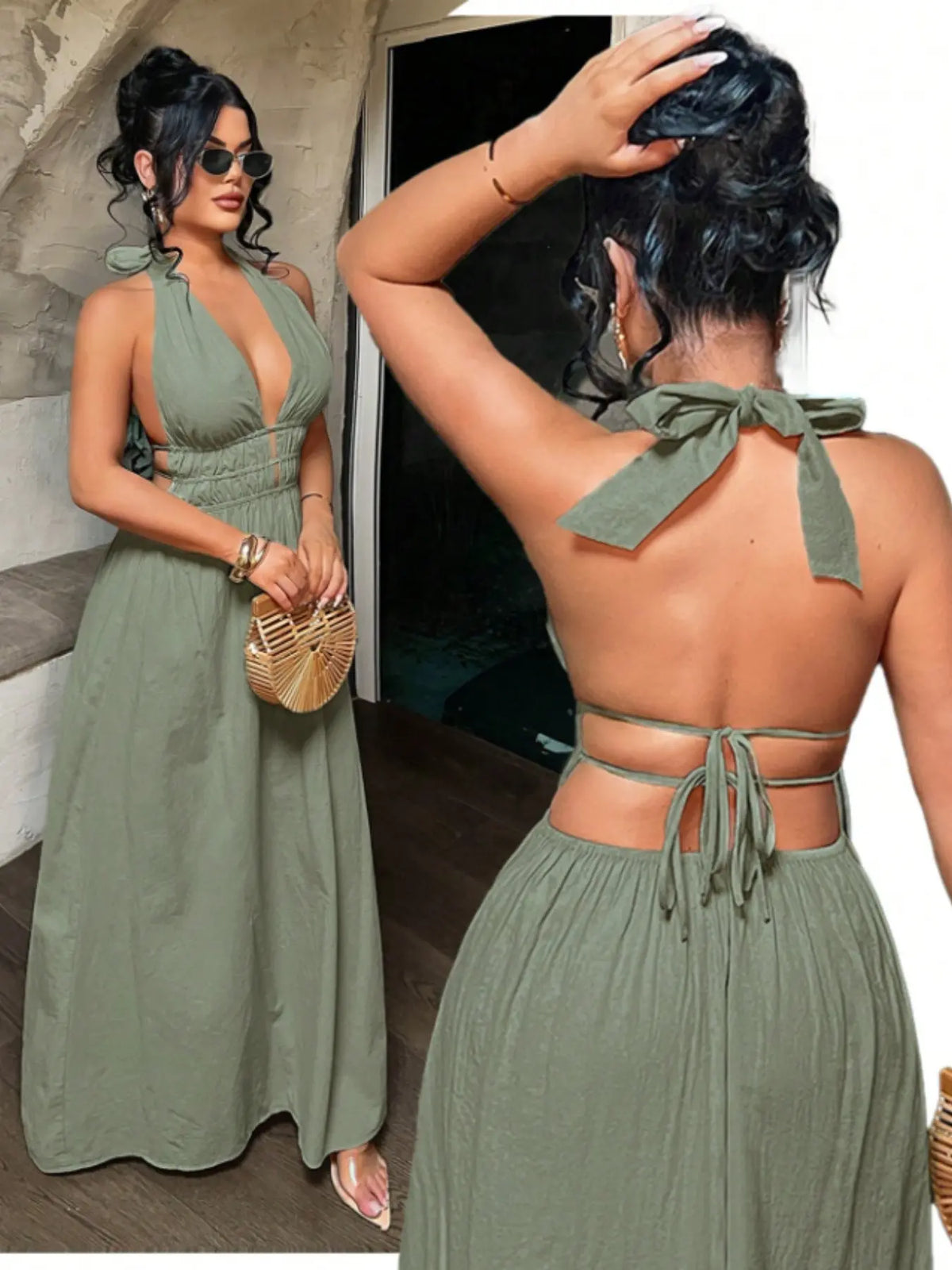 Women's Solid Color Deep V Neck Backless Ruched Design Sexy Maxi Dress,Summer Dresses For Women