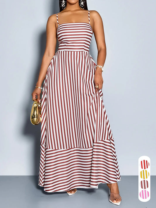 Elegant Casual Boho Chic Striped Sleeveless Dress for Women, Long Flowy Hem, for Spring & Summer, Perfect for Daily Wear, Casual Classy Womenswear