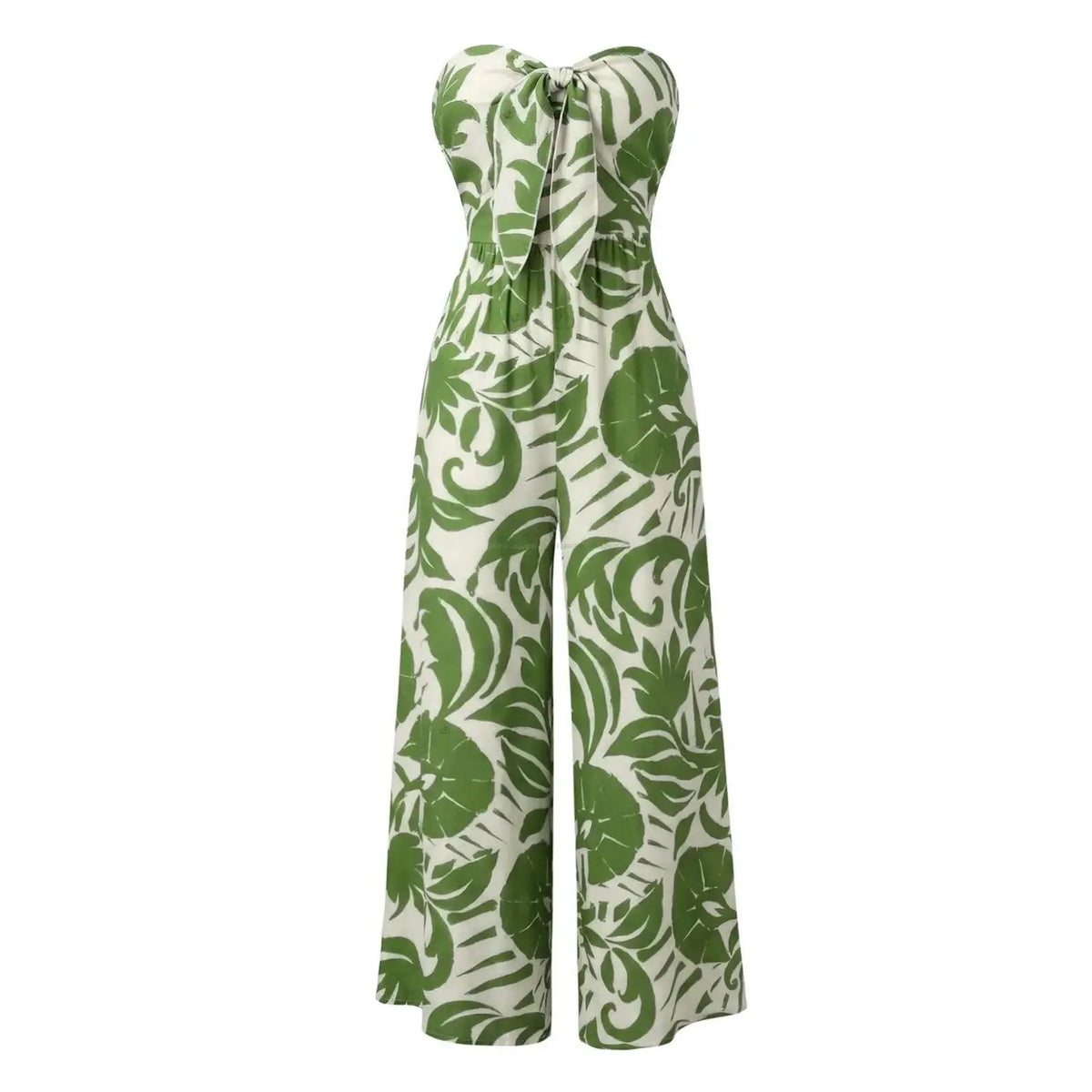 Women's 2-Piece Bowknot Matching Set - Regular Fit, Comfortable Leaf Print Off-the-Shoulder Top & High Waist Wide Leg Fabric Jumpsuit, Vacation Casual Style Outfit