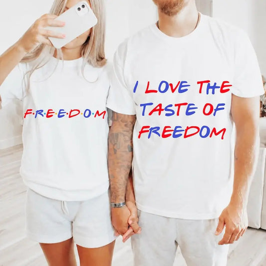 Women's Round Neck Short-Sleeve 4th of July Matching Couples Printed Fabric T-Shirt - Funny Sarcastic Patriotic Freedom-Themed Casual Apparel with Oversized Fit, Sohochic