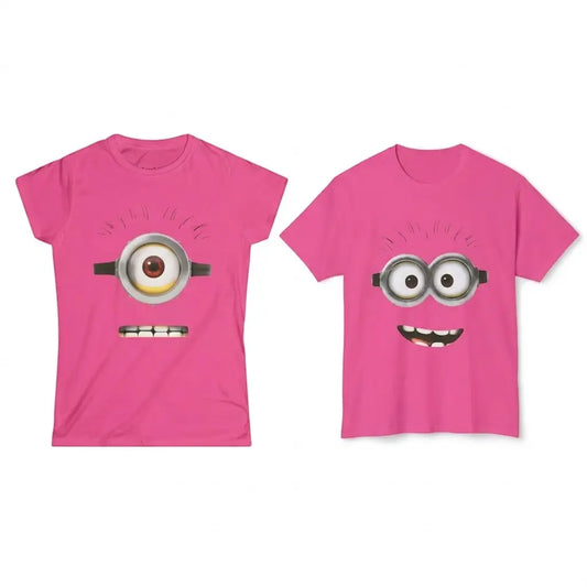 Funny Yellow Cartoon Couple Graphic Tee, One-Eye & Two-Eyes Character Shirt, Casual Cotton Unisex Streetwear #funnytee #cartoonshirt #graphictee #streetwear