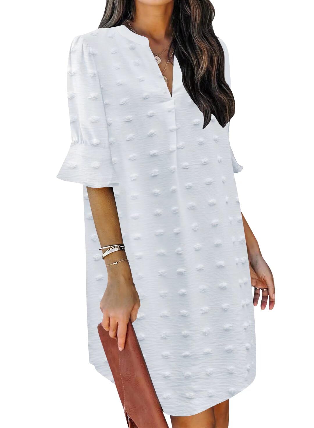 QACOHU Summer Dresses for Women V Neck Ruffle Short Sleeve Shift Dress