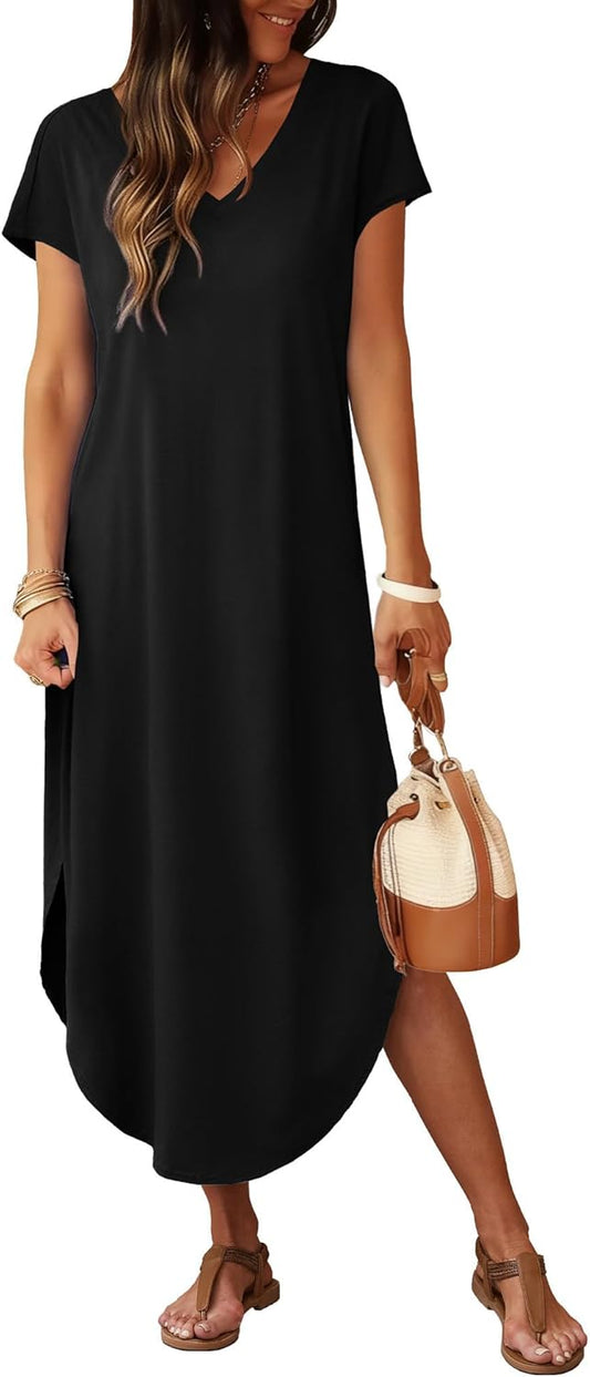 RUMIA Summer Maxi Dresses for Women Cap Sleeve Long Sundress with Pockets