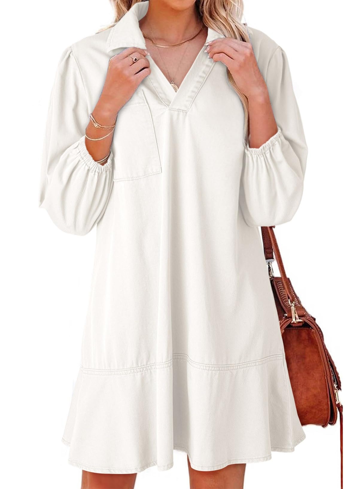 Dokotoo Denim Dress for Women Fall 3/4 Puff Sleeve Babydoll Jean Dress
