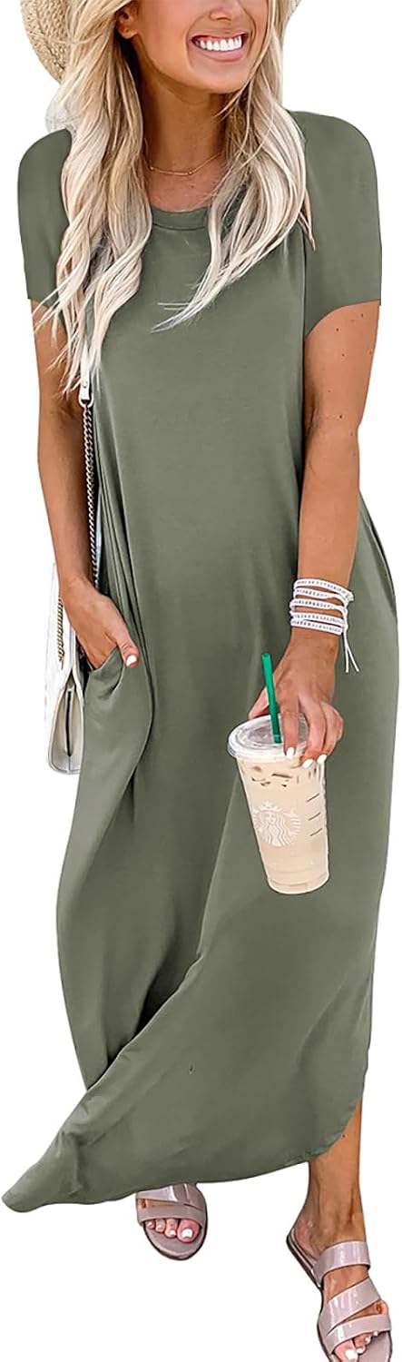 ANRABESS Womens Summer Maxi Dress Short Sleeve Casual Loose Long T Shirt Dresses Split Vacation Beach Sundress Travel Outfits