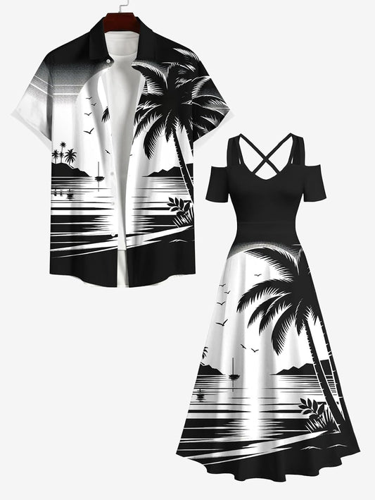 Matchable Couple Hawaiian Coconut Tree Print Shirt or Plus Size Midi Cold Shoulder Dress