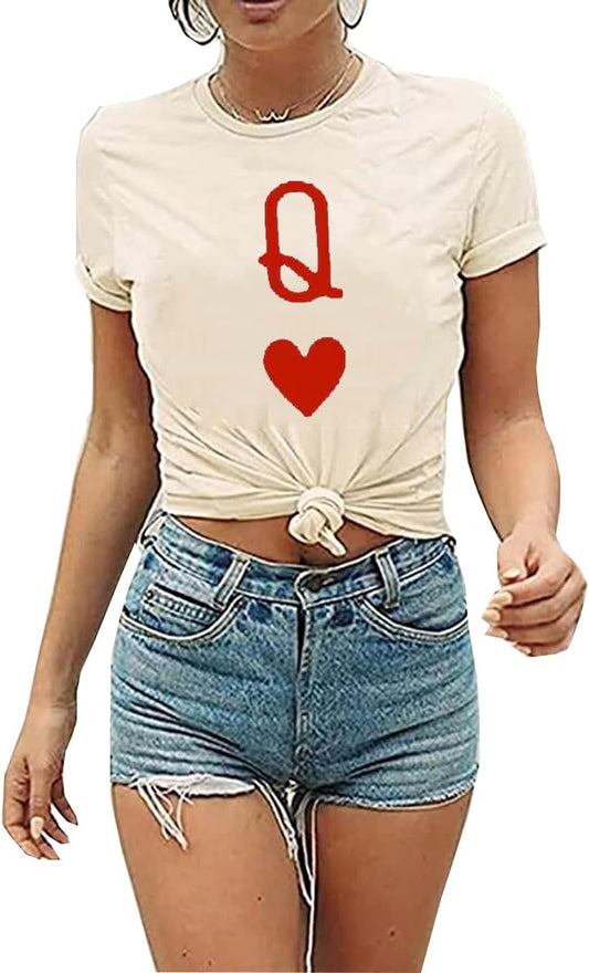 K and Q of Hearts Couple Shirt His and Hers Matching Outfit T Shirts Funny Cute Letter Print Graphic Casual Tee Tops