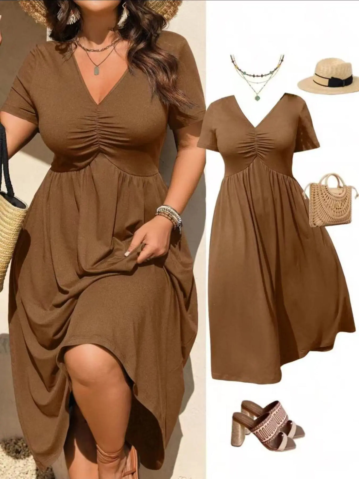 Plus Size Basic V-Neck Ruched Short Sleeve Midi Dress, Casual Summer Flowy A-Line Dress, Women's Fashion Clothing, Casual Wear