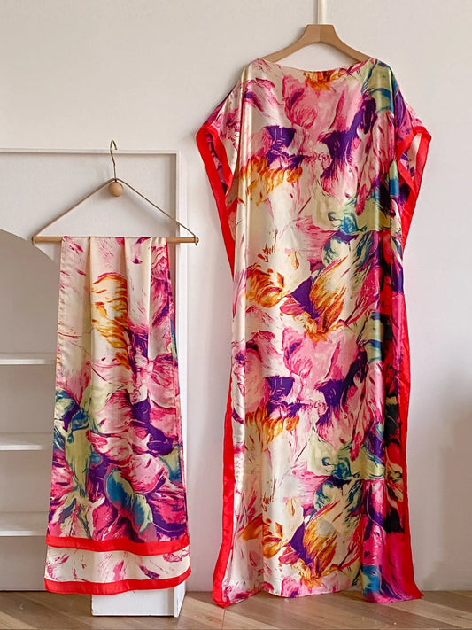 Women's Fashion Print Long Robe Outfit Set, Moomoo Dress + Scarf Headband, Casual Woven Fabric Thin All-Season Wear, Beach Sun Protection