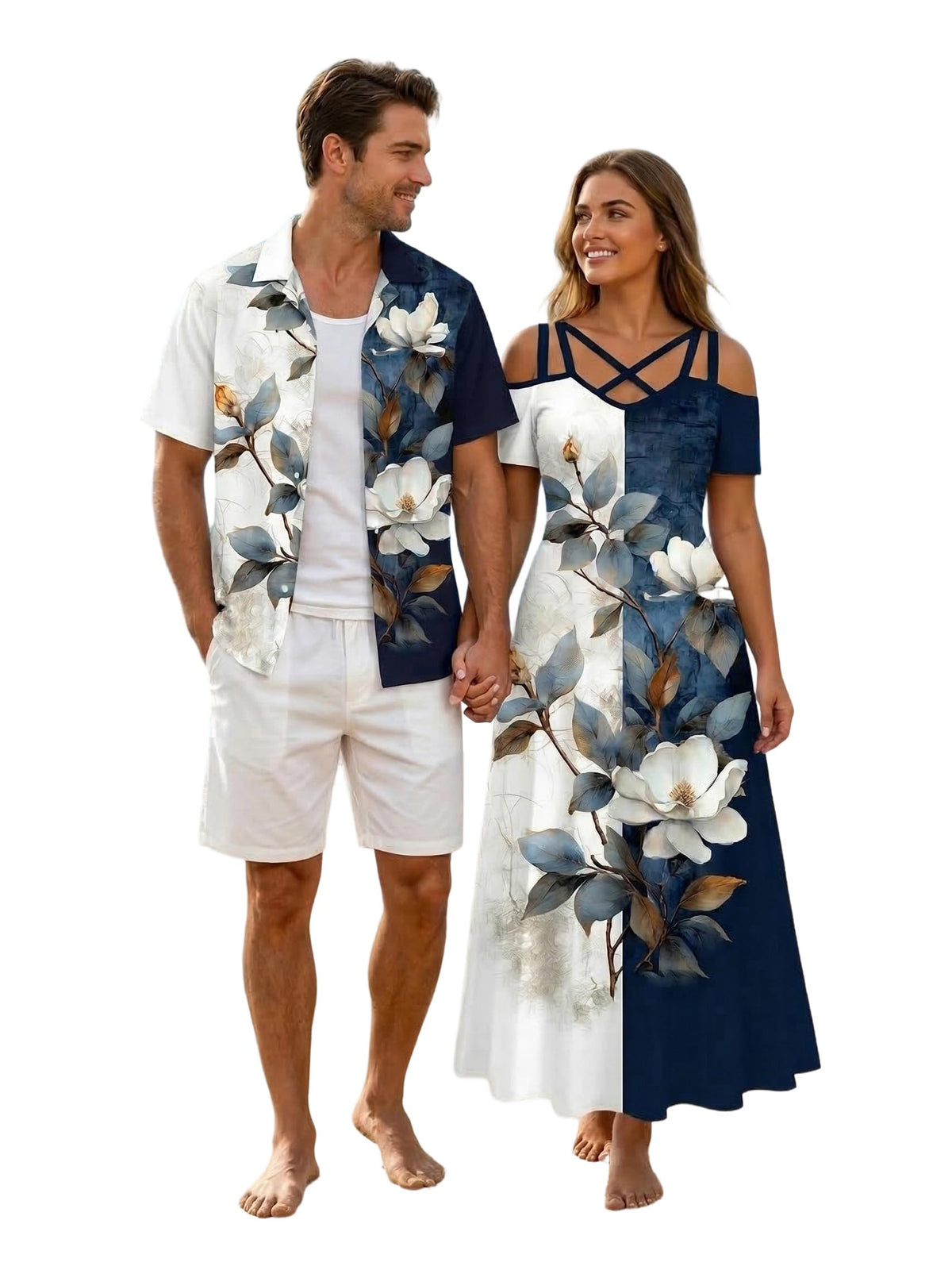 ROSE GAL Matchable Couples Hawaiian Men Shirt and Women Cold Shoulder Crisscorss Short Sleeves Midi Dress