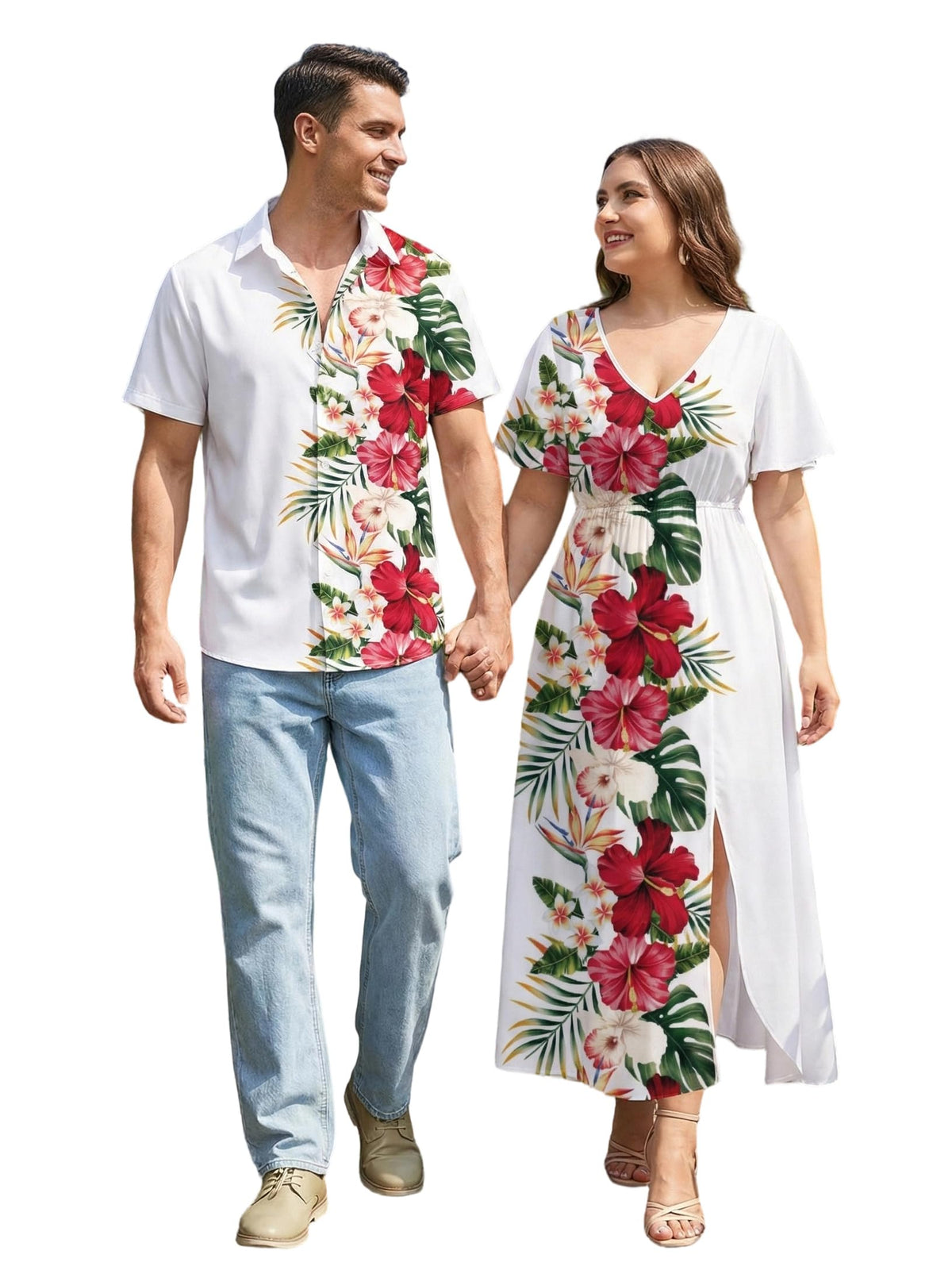 ROSE GAL Matchable Couples Hawaiian Men Shirt and Women Vintage V-Neck Split Dress