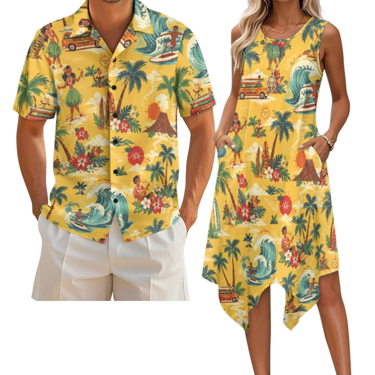 Belidome Couples Matching Outfits Husband and Wife Clothes Sleeveless Dress Button Down Short Sleeve Shirts