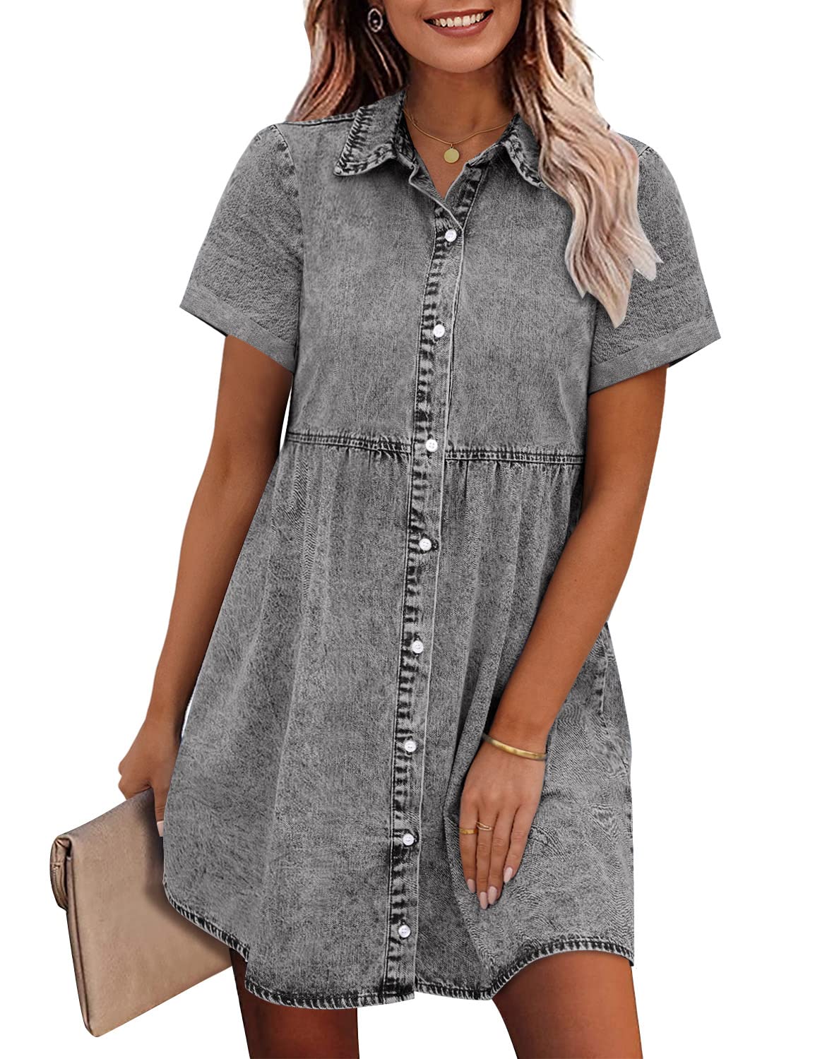 GRAPENT Denim Dress for Women Babydoll Tiered Short Sleeve Button Down Jean Shirt Dresses