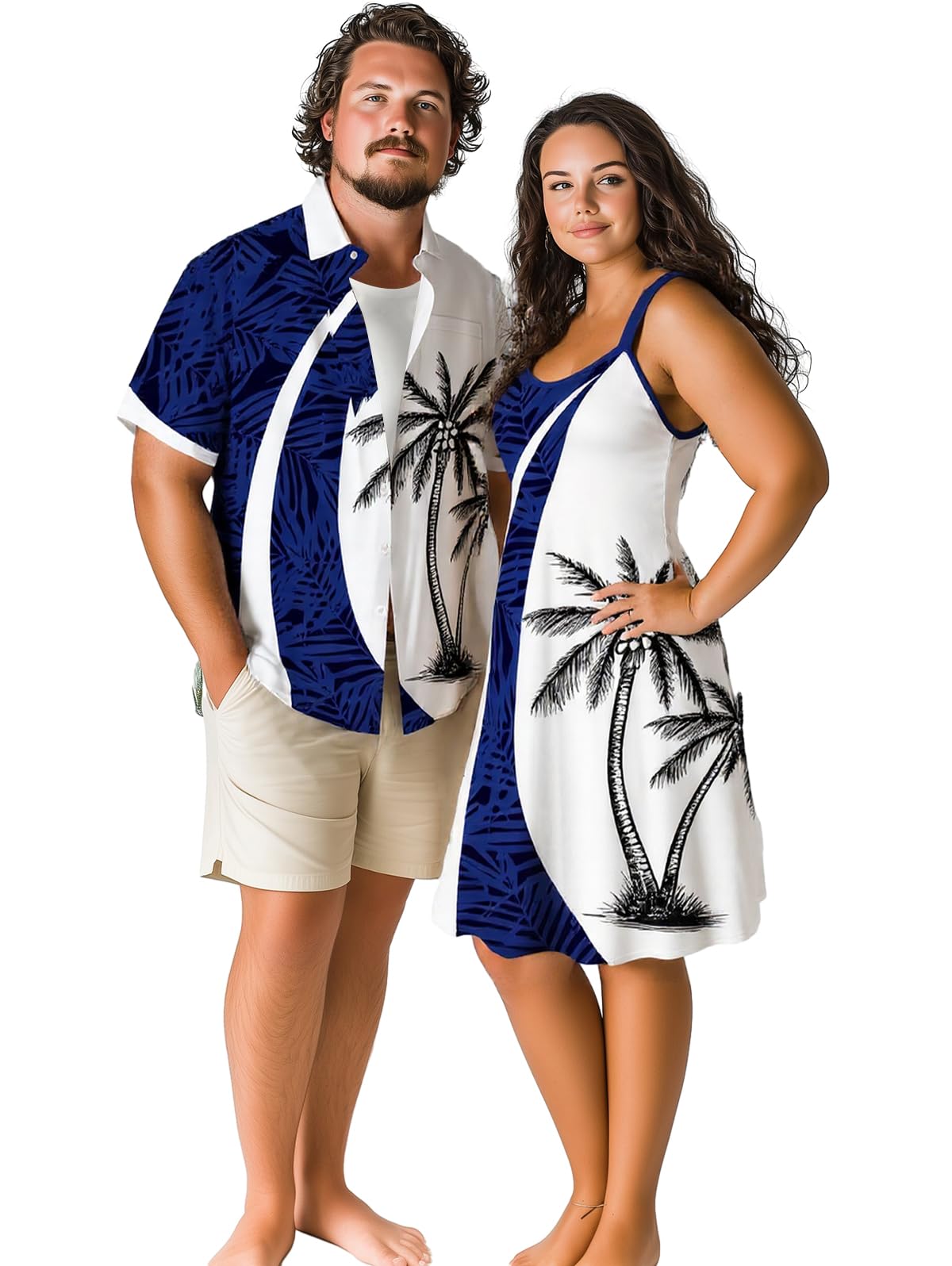 ROSE GAL Matchable Couple Hawaiian Coconut Tree Print Shirt or Plus Size Knee Length Fit and Flare Tank Dress
