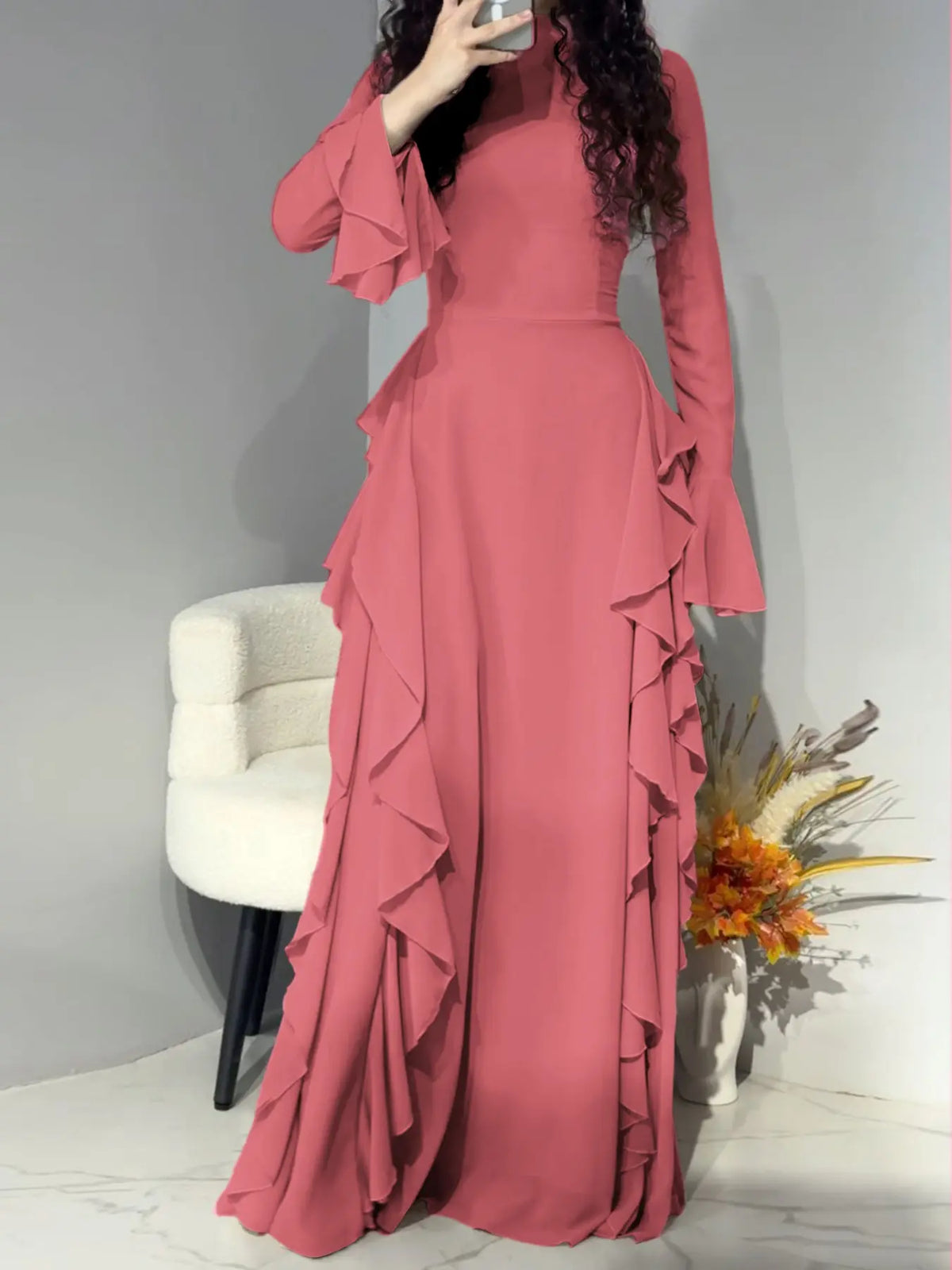 Pure Color Flared Sleeve Waist Cinching Long Dress, Slim-Fitting Holiday Style, Spring & Fall Fashion, Plain Pattern, Women's Clothing
