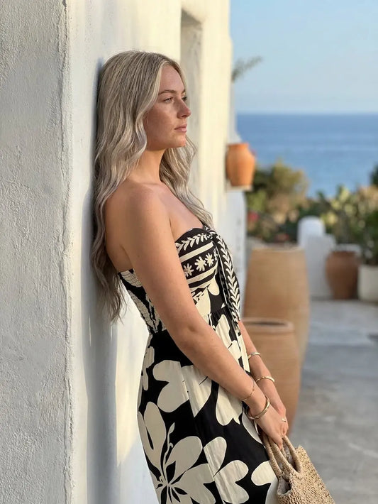 2026 Hawaii Couple Outfit Tribal Hibiscus Floral Print Bowknot Off the Shoulder Jumpsuit and Shirt Set
