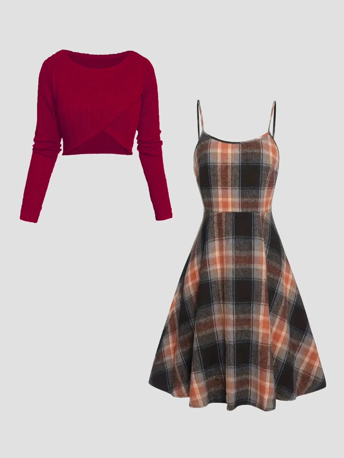 Women's Solid Wrap Hem Round Neck Textured Long Sleeve Crop Top & Plaid Print A-Line Dress Set, Preppy Fashion Cozy Stretchy Casual Chic Outfit for School, Daily & Casual Wear, Women's Clothing for Spring & Fall, Casual Lightweight Dress