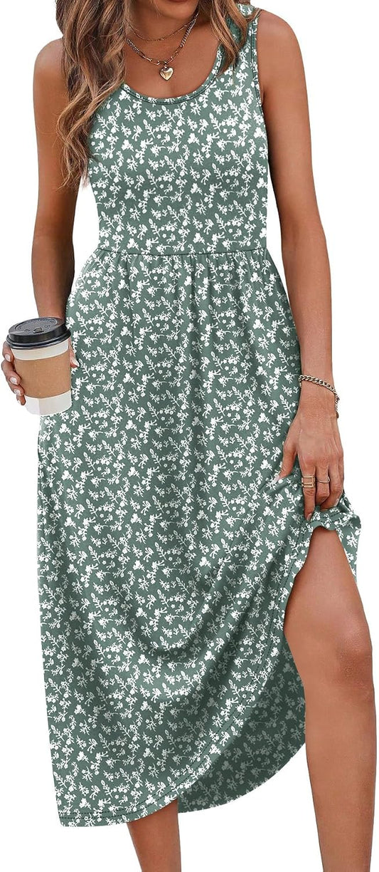 WIHOLL Summer Dresses for Women Flowy Casual Midi Dress Beach Vacation Sundresses with Pockets