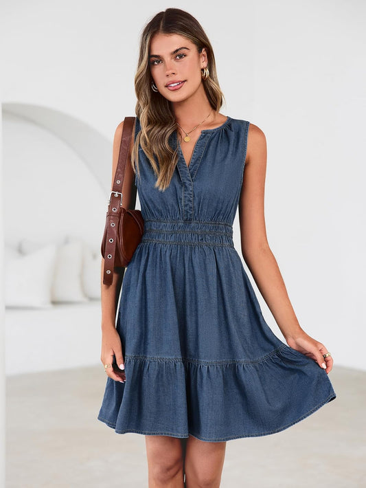 BerryGo Womens Denim Dress Sleeveless Summer Casual Jean Dress Tiered Cowgirl Country Mini Soft Light Chambray with Pockets