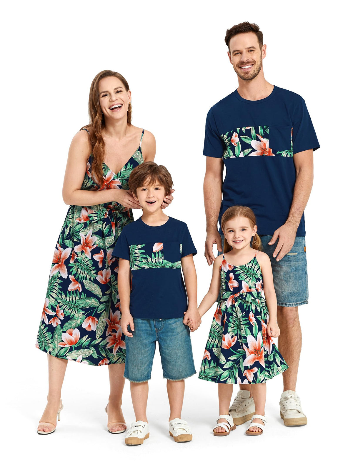 PATPAT Family Matching Outfits Mommy and Me Dresses Hawaiian Tropical Vacation Beach Spaghetti Strap Dress and Shirt