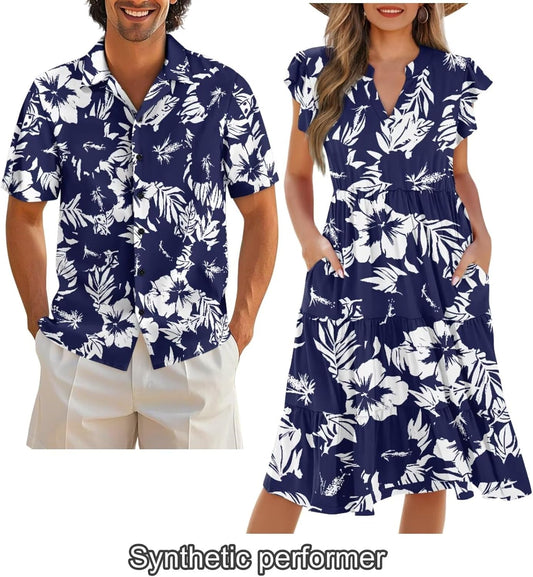 His and Hers Matching Hawaiian Outfits Mens Button Down Shirt Flowy Tiered Midi Dress