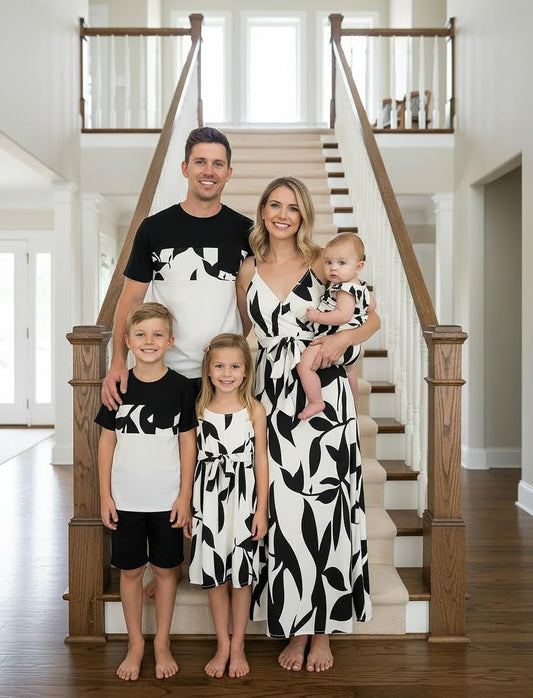 PATPAT Family Matching Outfits Mommy and Me Dresses Hawaiian Tropical Vacation Beach Spaghetti Strap Dress and Shirt