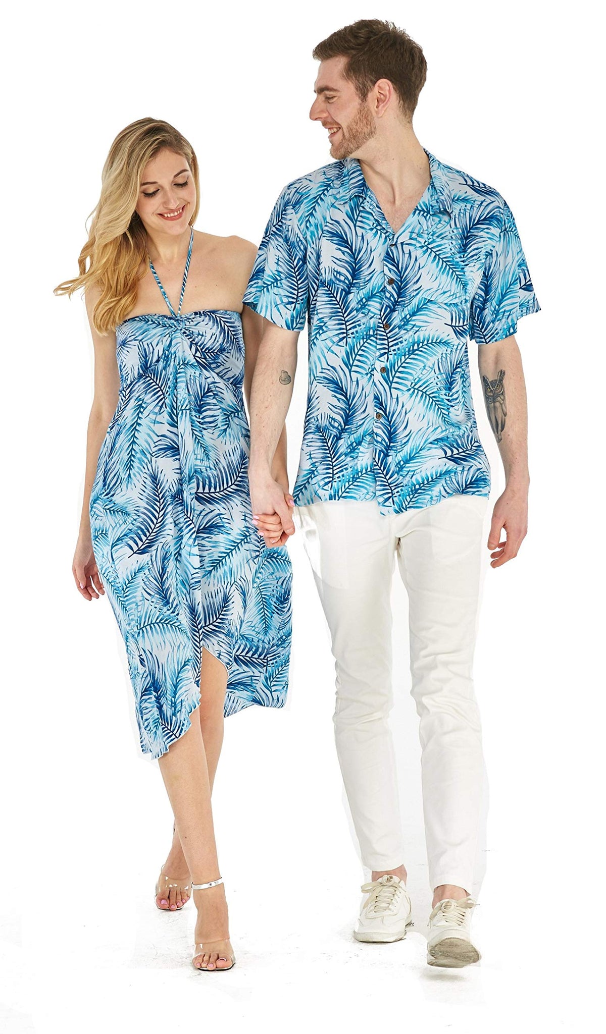 Couple Matching Hawaiian Luau Party Outfit Set Shirt Dress in Black Rafelsia