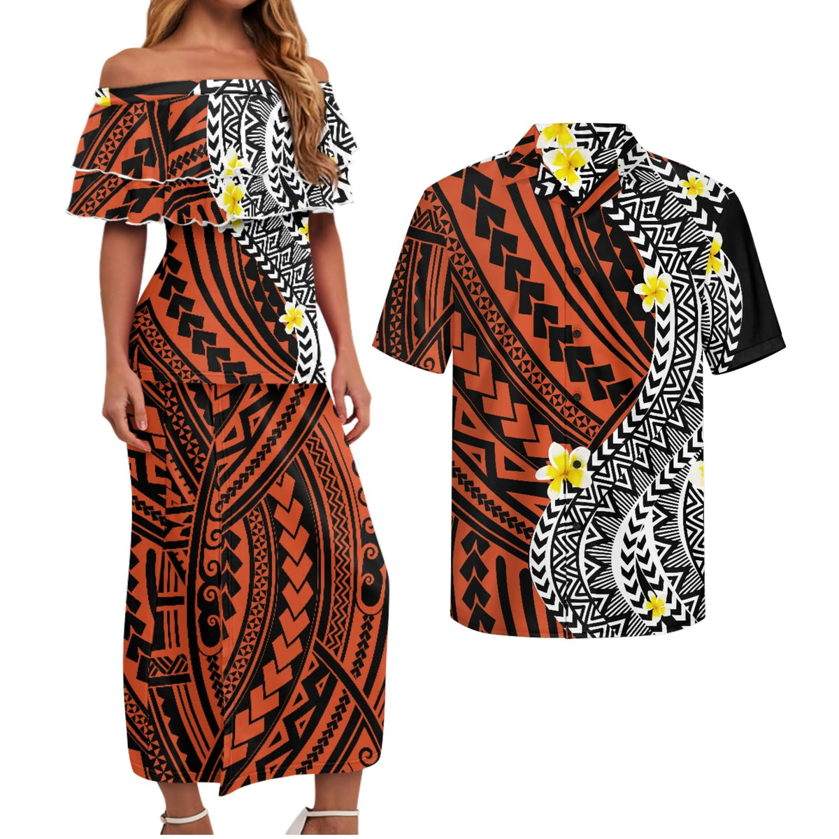 Polynesian Couples Matching Outfits Short Sleeve Puletsai Samoan Traditional Dress & Man Shirts