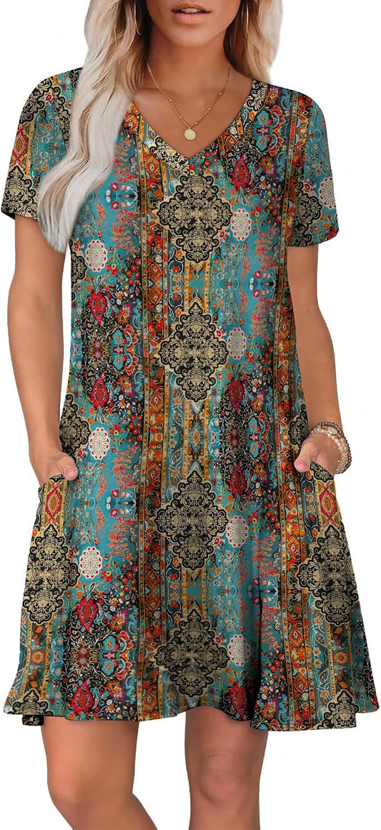 WIHOLL Boho Summer Dresses for Women Casual Loose T Shirt Dress with Pockets Beach Vacation Outfits S-4XL