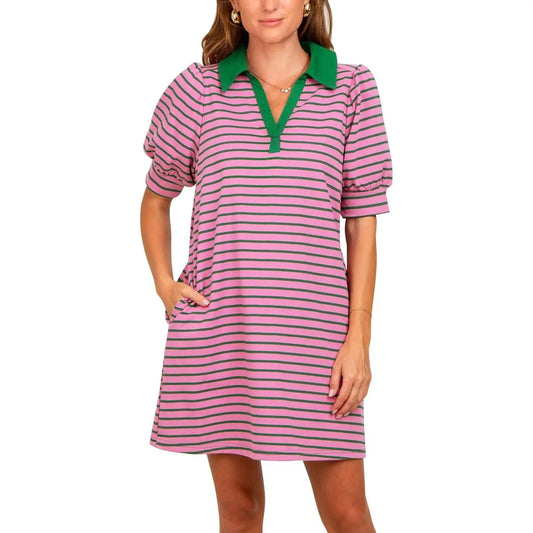 Imily Bela Women's Summer Lapel Collared V Neck Striped Dress Casual Puff Short Sleeve Polo Tshirt Dresses with Pockets