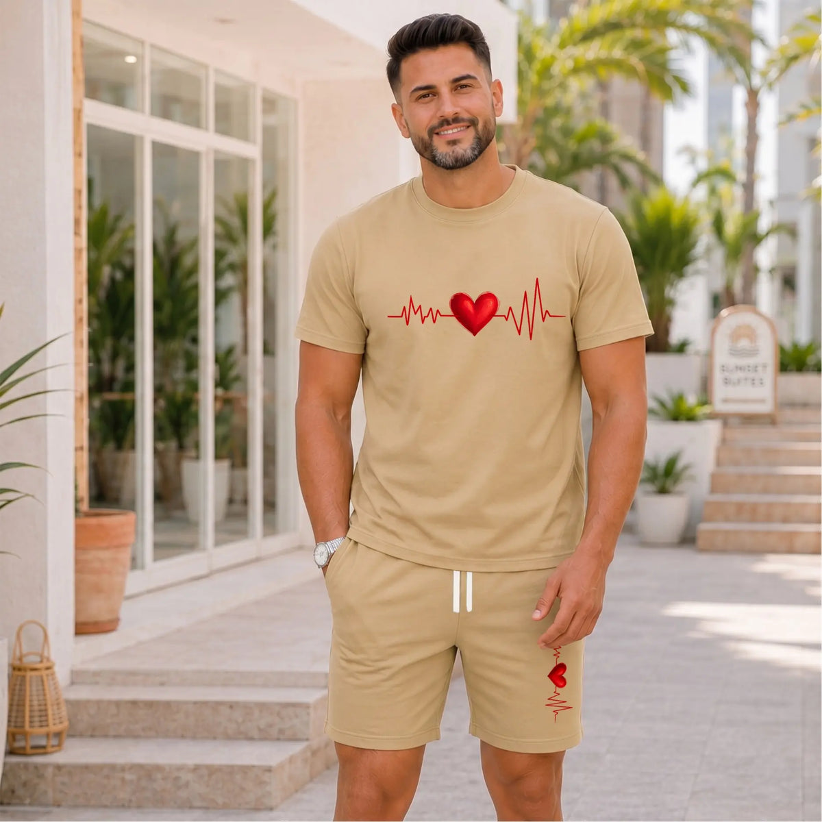 Women's Loose 2-Piece Style Set - Short-Sleeve Breathable Romantic Heart Graphic T-Shirt & Soft Fabric Drawstring Shorts, Everyday Casual Summer Outfit for Home & Outdoor Activities
