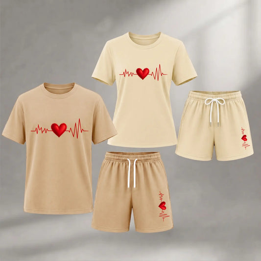 Women's Loose 2-Piece Style Set - Short-Sleeve Breathable Romantic Heart Graphic T-Shirt & Soft Fabric Drawstring Shorts, Everyday Casual Summer Outfit for Home & Outdoor Activities