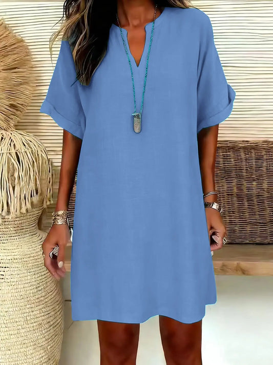Women's Simple Minimalist Solid-Color V-Neck Short-Sleeve Midi A-Line Dress, Loose-Fitting Retro Casual Summer Style for All Seasons, Womenswear
