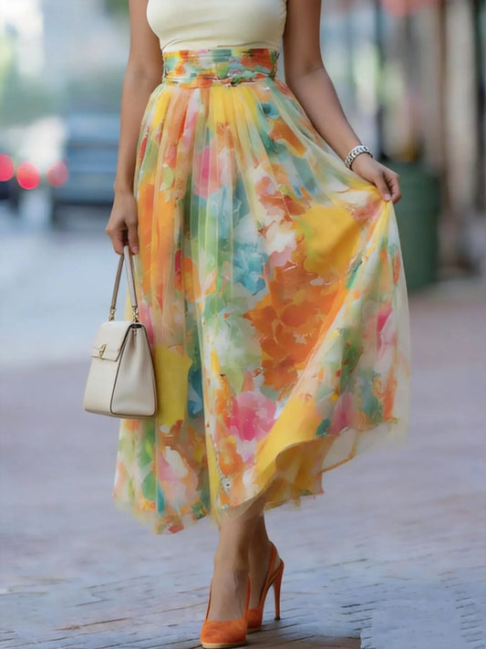 European and American Style Ombre Gradient Floral Pattern Skirt, Casual Everyday Long Skirt, Versatile Summer Wear for Women