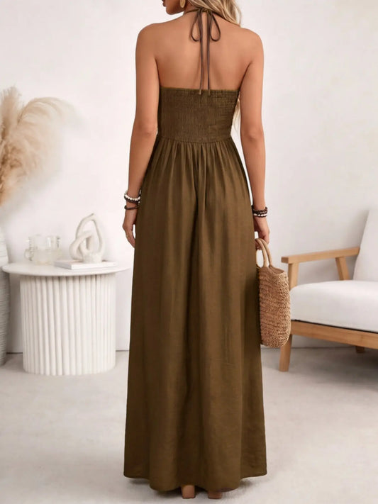 Women's A-Line Dress, Casual Long Dress, Sleeveless Halter Backless, Elegant Chic Tie Details, Elastic Waist, Boho Style, Bohemian, Casual, Summer Fashion, Perfect for Daily Wear