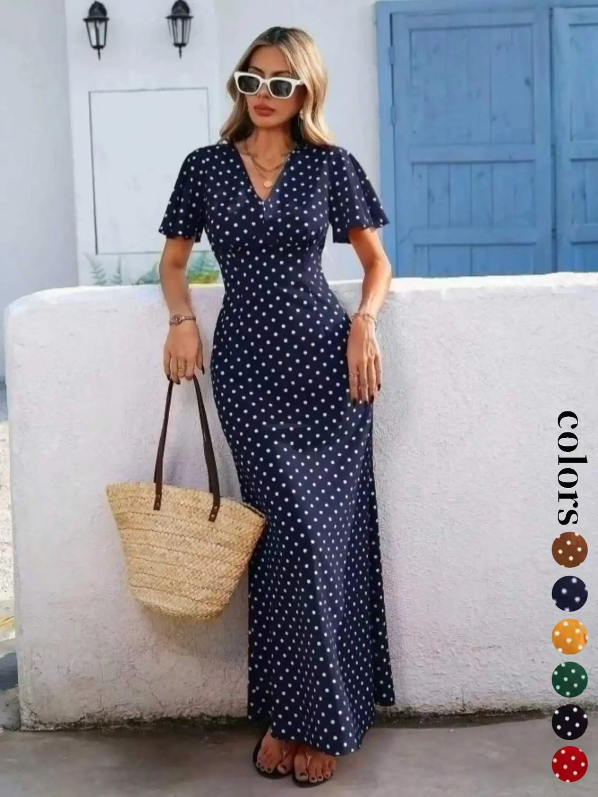 Women's Bohemian Boho Style V-Neck Short Sleeve Long Dress, Summer Casual Polka Dot Vacation Style, New European and American Fashion Casual Wear Boho Dresses