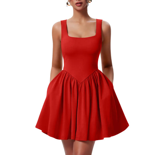 OYS Women's Summer Sleeveless Square Neck A-line Ruffle Hem Mini Tank Dress With Pockets