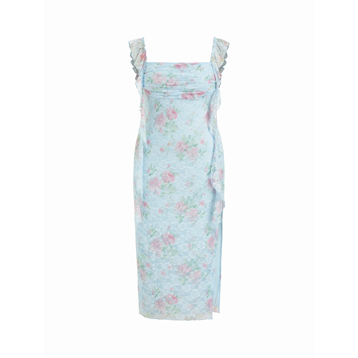 Cider Lace Floral Ruffle Hem Split Maxi Dress