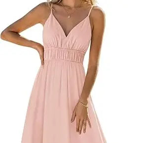 Yousify Women's Deep V-Neck Sleeveless Spaghetti Strap Ruched Flowy Maxi Dress, Plain Minimalist Basic Casual Wear, Beach Sundress for Summer Beach-to-Brunch Ready Outfits