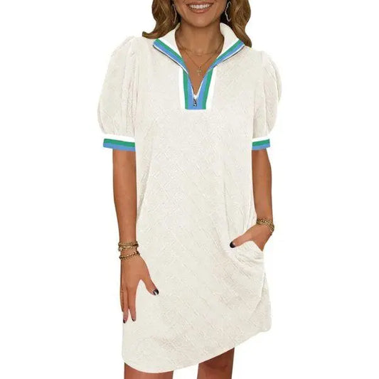FISOEW Women's Summer Polyester Elastane Short-Sleeve Mini Dress - Quarter-Zip V-Neck, Textured Fabric, Loose-Fit Casual Athletic Wear (Sky)