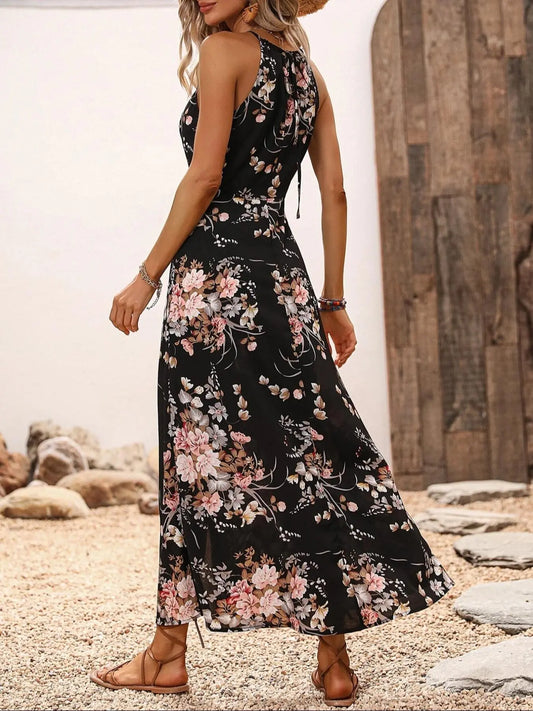 Women's Floral Print Split Thigh Halter Neck Dress, Tie Back Design, Boho Style, Sleeveless Long Dress, All Seasons, Elegant and Chic