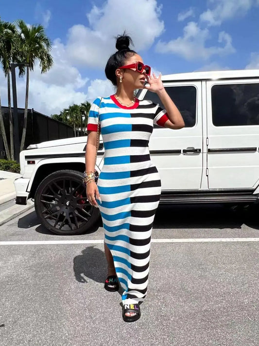 Women's Multicolor Colorblock Striped Print Split Side Tee Dress, Casual Style, Casual Chic, Fit, Short Sleeve Round Neck Long Dress for Daily Outdoor Wear, Dress in Club, For All Seasons, Soft Polyester Single Jersey Dresses